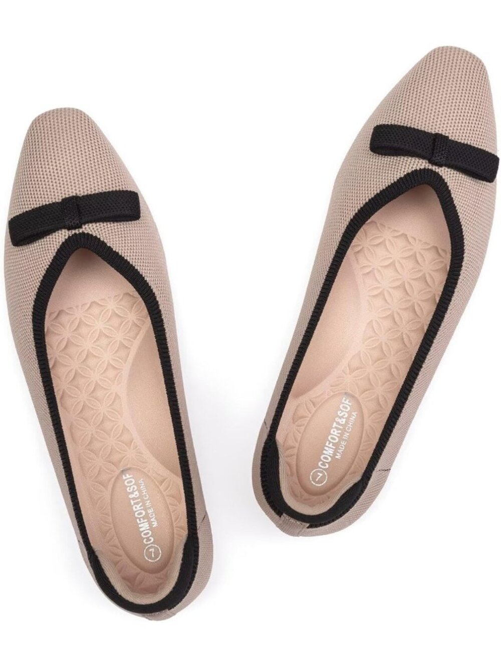 Women's Khaki Black Ballet Flats Squared Toe Knit With Bow Knot Casual Slip On